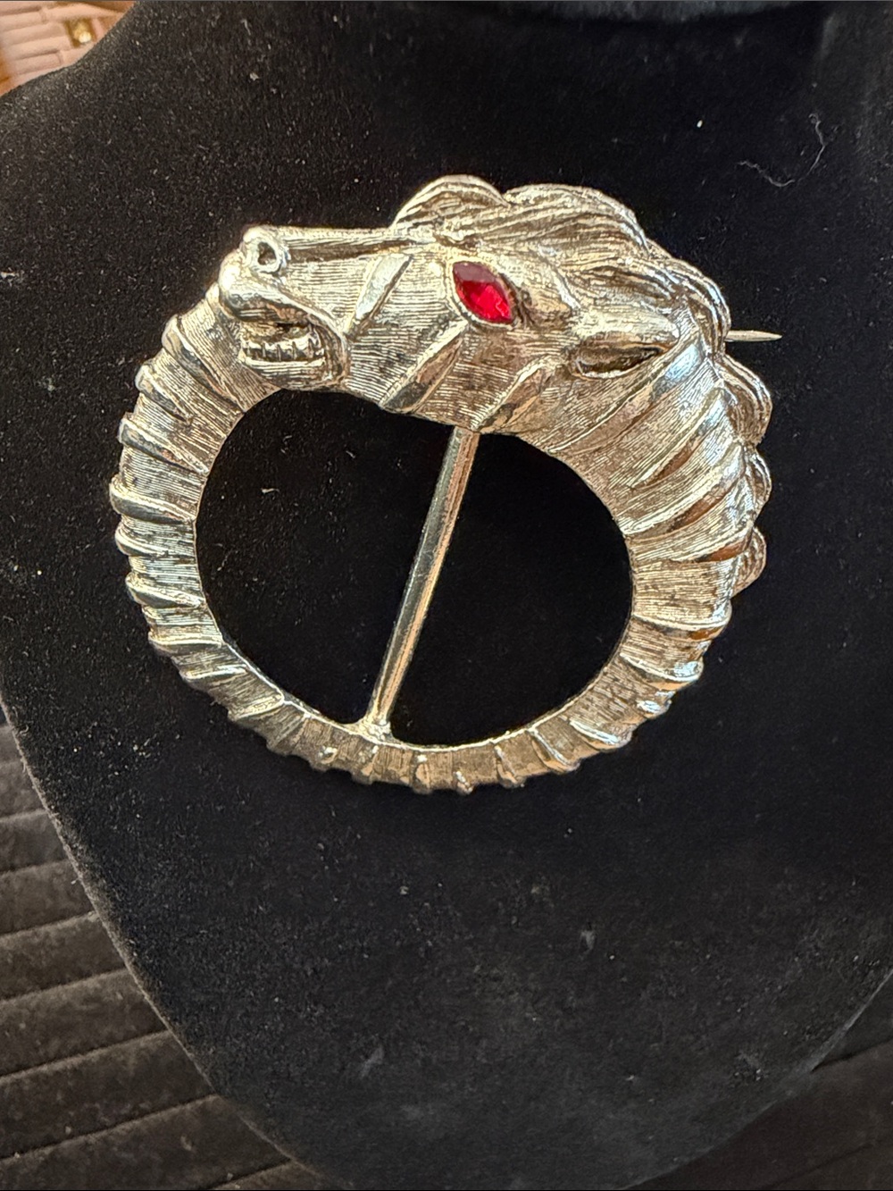 Silver Horse Head Circle Brooch/ Scarf Ring with Red Stone Accent